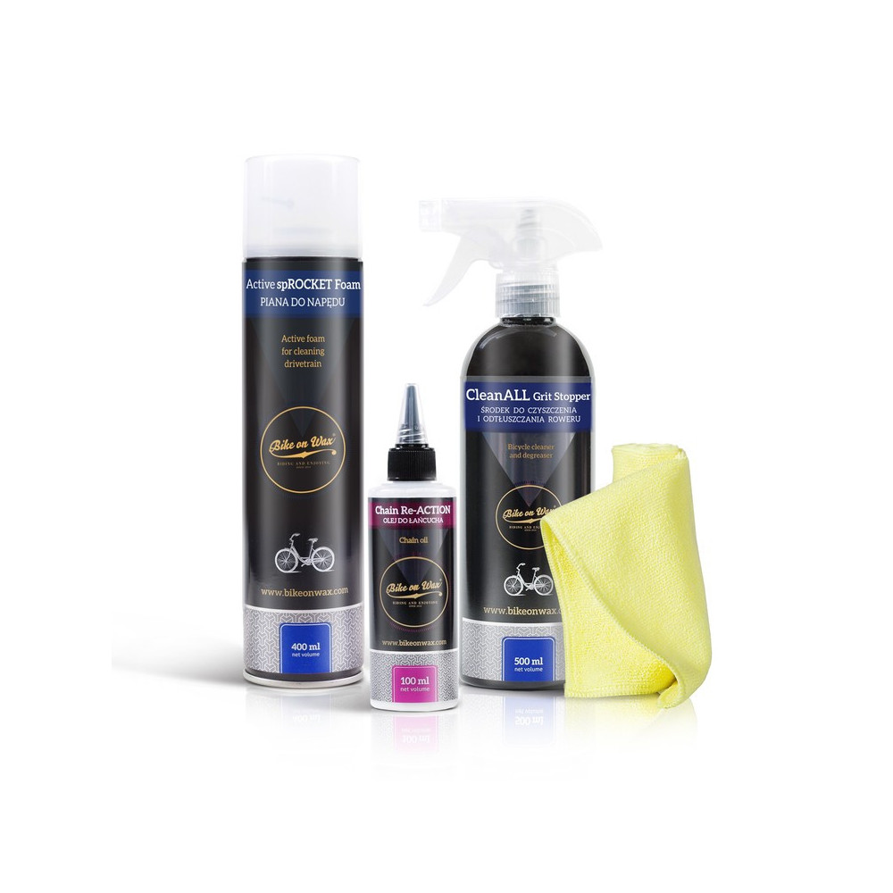 Bike on Wax - Zestaw kosmetyków do czyszczenia roweru - 1 x środek do czyszczenia + 1 x piana na gazie + 1 x olej + mikrofibra