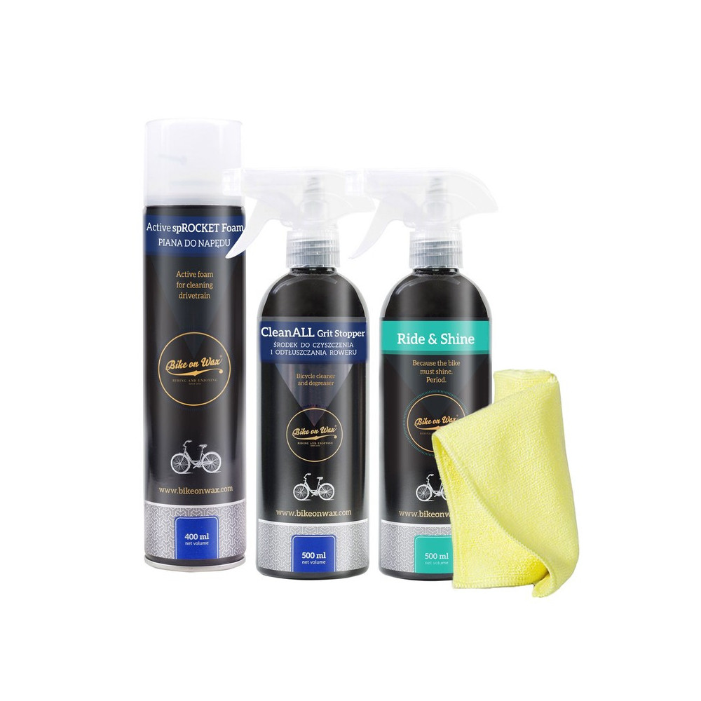 Bike on Wax - ZESTAW „CZYŚCI JAK NIC !” - Piana na gazie + Środek do czyszczenia + Ride and shine + mikrofibra
