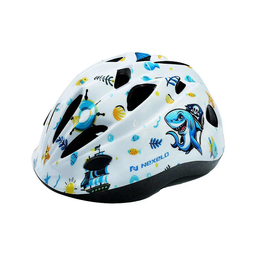 Kask rowerowy dziecięcy FUNNY SHINY, S (48-52 cm), out-mold, kolor biały z niebieskim rekinem