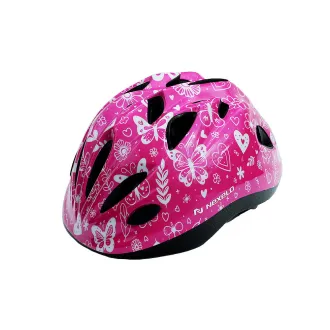 Kask rowerowy dziecięcy FUNNY SHINY, S (48-52 cm), out-mold, kolor różowy z białym nadrukiem motyle, serca