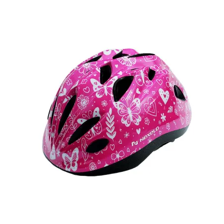 Kask rowerowy dziecięcy FUNNY SHINY, S (48-52 cm), out-mold, kolor różowy z białym nadrukiem motyle, serca