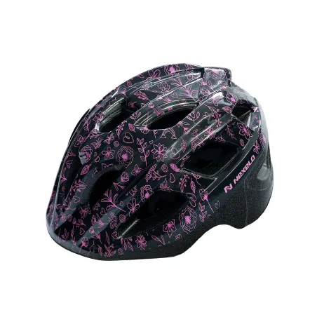 Kask rowerowy dziecięcy VIA SHINY, M (53-55 cm) , out-mold, kolor czarny z różowymi kwiatkami
