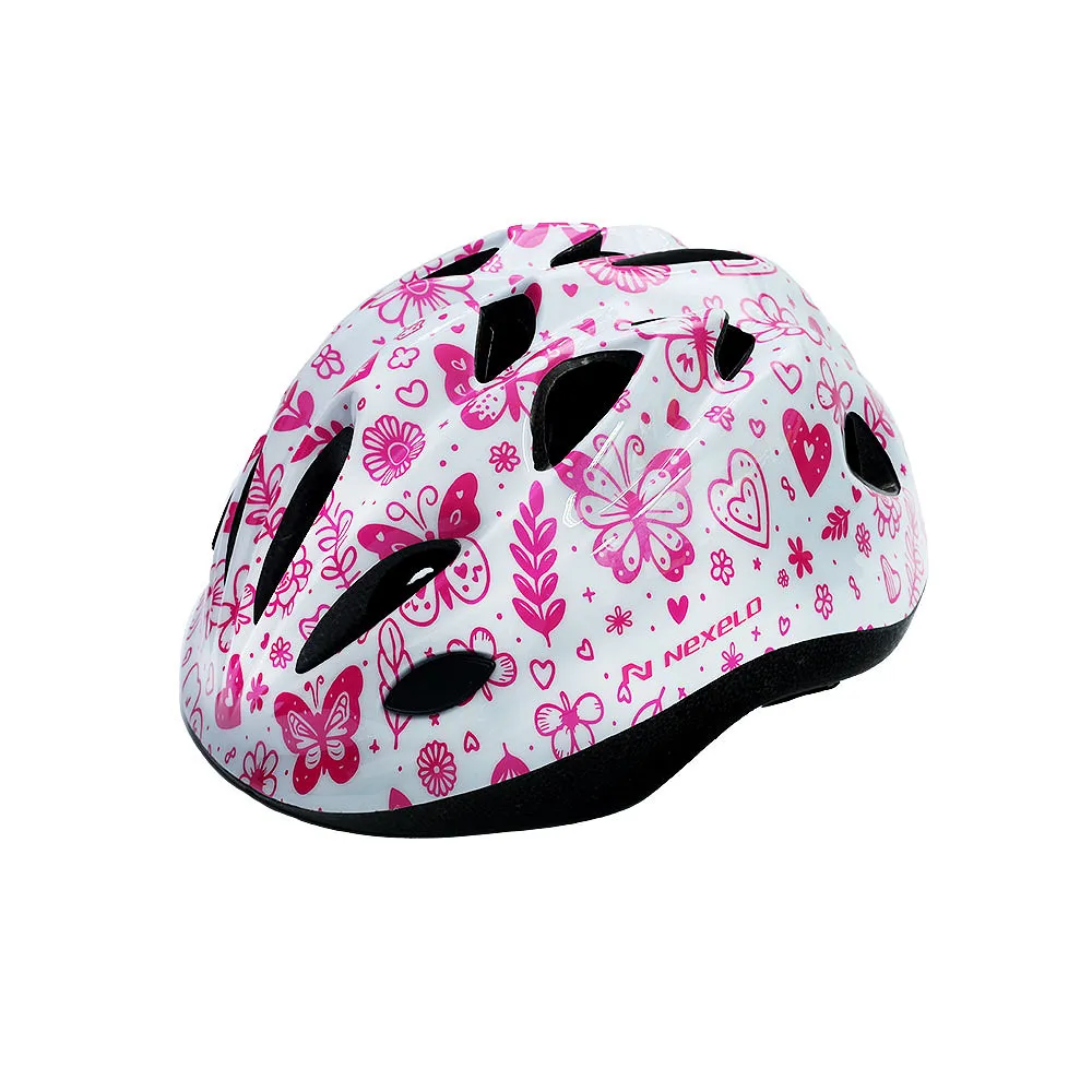 Kask rowerowy dziecięcy FUNNY SHINY, S (48-52 cm), out-mold, kolor biały z różowym nadrukiem motyle, serca