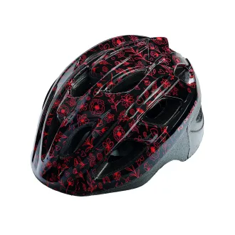 Kask rowerowy dziecięcy VIA SHINY, M (53-55 cm) , out-mold, kolor czarny z czerwonymi kwiatkami